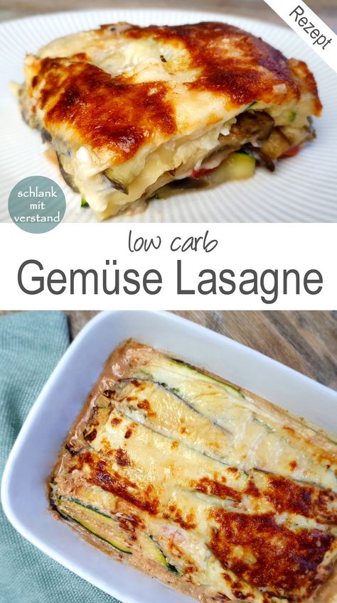 Gemüse Lasagne low carb Leckere vegetarische Lasagne mit viel gesundem Gemüse. Zucchini, Aubergine und Paprka ergeben mit der würzigen Tomatensauce und dem Mozzarella und Parmesan ein tolles mediterranes Gericht, das nicht nur low carb Fans begeistert. So macht Gemüse essen Spaß und auch mit wenigen Kohlenhydraten richtig satt. Die Zubereitung ist einfach und Reste kannst du am nächsten Tag aufwärmen. Gesund Abnehmen mit leckeren low carb Rezepten low carb Rezepte - schlankmitverstand Zucchini Aubergine, High Protein, Mozzarella, Parmesan, Zucchini, Low Carb, Spa, Healthy Recipes, Courgettes