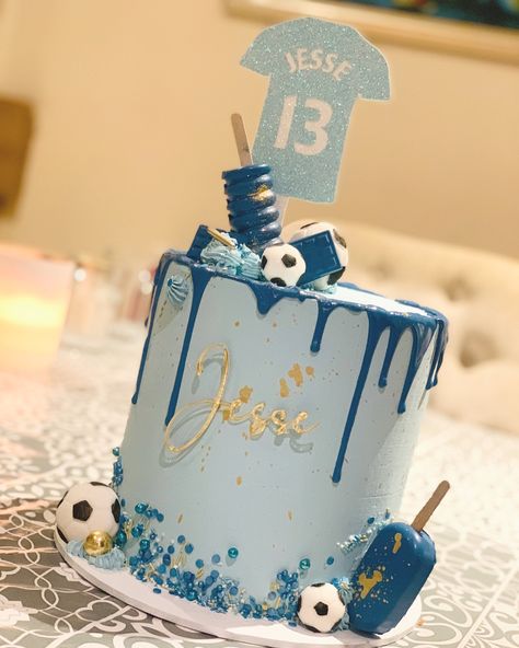 Blue Soccer Cake, Soccer Themed Birthday Cake, Soccer Cake Ideas For Men, Soccer Cake Ideas For Boys, Soccer Themed Cake, Boys 18th Birthday Cake, Football Cake Design, Soccer Cakes, Birthday Aesthetics