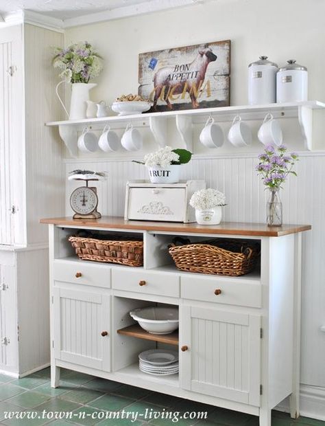 farmhouse kitchen, sideboard, white kitchen, farmhouse style, open shelves, open shelving, kitchen baskets Ikea Sideboard, Cocina Shabby Chic, Chic Kitchen Decor, Shabby Chic Kitchen Decor, Smart Tiles, Shabby Chic Dresser, Decor Shabby Chic, Kitchen Sideboard, Chic Kitchen