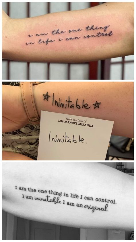 Talk Less Smile More Tattoo, Lin Manuel Miranda Tattoo, I Am Loving Myself Out Of The Dark Tattoo, Hamilton Matching Tattoos, Small Broadway Tattoos, Hamilton Wait For It Tattoo, Hamilton Tattoos Musical, I Am Inimitable I Am An Original Tattoo, In The Heights Tattoo