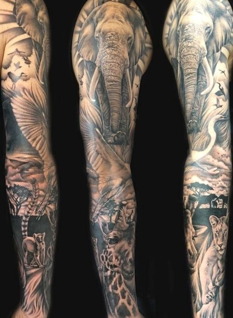 African Animal Sleeve Tattoo, Animals Arm Tattoo, Unique Arm Sleeve Tattoos, Africa Sleeve Tattoo, Sleeve Tattoos Animals, Jungle Theme Tattoo Sleeve For Women, Animals Sleeve Tattoo, Sleeve Animal Tattoo, African Sleeve Tattoo Men