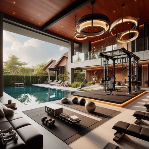 Transform your home into a luxury fitness retreat with a custom gym featuring an outdoor pool and dedicated workout area. Where elegance meets wellnes #LuxuryHomeGym #OutdoorFitnessOasis #CustomGymDesign #PoolsideWorkout #ElegantFitnessSpace #Pool Home Gym With Pool, Home Gym Interior Design Ideas, Gym With Pool, Home Outdoor Gym, Outdoor Fitness Area, Home Gym Interior Design, Gym Interior Design Ideas, Home Gym Interior, Small Space Gym