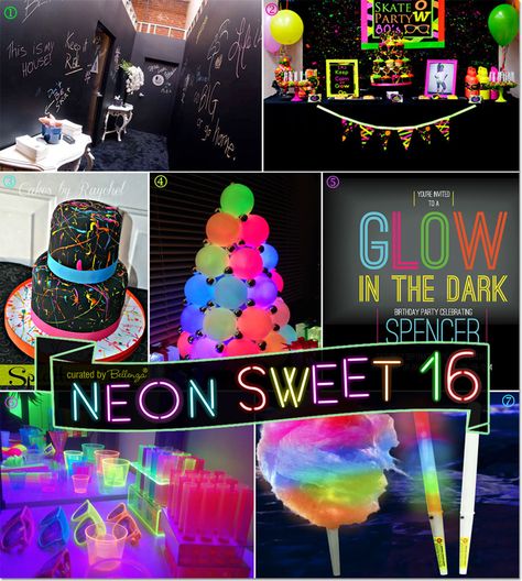 Neon Glow in the Dark Sweet 16 Party Ideas | as featured on the Party Suite at Bellenza Appetizers For Sweet 16 Party, Non Girly Sweet 16 Party, Black And Neon Birthday Party, Black Light Sweet 16 Party Ideas, Glow Party Outdoor, Backyard Glow In The Dark Party, Backyard Neon Party, Sweet Sixteen Ideas Unique, Neon Balloon Centerpieces