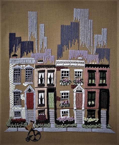 Cityscape Embroidery, Building Embroidery, Architecture Embroidery, Architectural Embroidery, Couching Embroidery, Hand Embroidery Projects, Sewing Embroidery Designs, Hand Embroidery Art, Slow Stitching