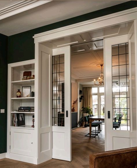 Deur Ensuite, French Office, Glass Pocket Doors, Partition Door, Wall Cut Out, Internal Glass Doors, Dutch House, Kitchen Extension, Pocket Doors