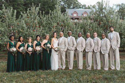 Emerald green bridesmaids dresses, tan tux, September Wedding, Mapleside Farms, Cleveland, OH Taupe And Emerald Wedding, Bridesmaids In Emerald Green, Emerald Green Tuxedo Wedding Groomsmen, Emerald Green And Tan Groomsmen Attire, Green Tan Wedding Theme, Tan Tux With Emerald Green, Beige Tux With Emerald Green, Emerald Green And Tan Wedding Party, Forest Green Bridal Party Attire