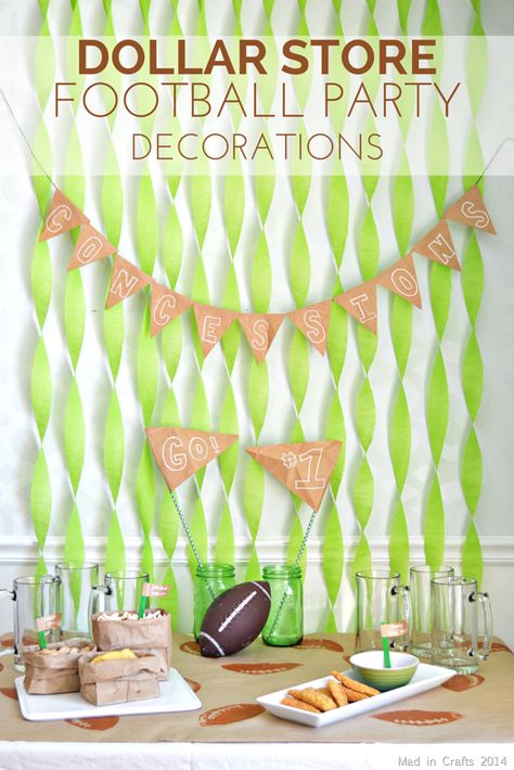 DOLLAR STORE FOOTBALL PARTY DECORATIONS Football Party Decorations Diy, Diy Football Party, Football Themed Party, Superbowl Party Games, Sandwich Vegetarian, Superbowl Party Decorations, Super Bowl Decorations, Football Banquet, Football Party Decorations