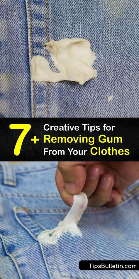 Discover ways to remove a chewing gum stain from clothes and keep your garment out of the ragbag. It’s possible to clean a gum stain by heating and freezing. Duct tape, peanut butter, Goo Gone, and toothpaste are excellent for gum removal. #how #remove #gum #clothing Remove Gum From Clothes, Diy Door Knobs, Gum Removal, Buble Gum, Goo Gone, Laundry Items, Peroxide Uses, Diy Household Cleaners, Home Cleaning Hacks