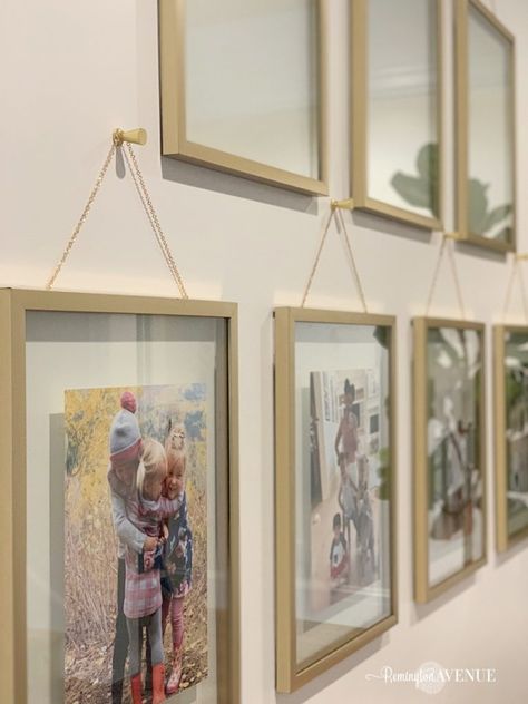 Modern Wall Picture Frames, Gallery Wall Chain, Chain Hanging Picture Frame, Hanging Gallery Frames, Hanging Frames On The Wall, Gold Picture Frame Wall, Hanging Gallery Wall, Gold Frame Gallery Wall, Painted Shower Tile