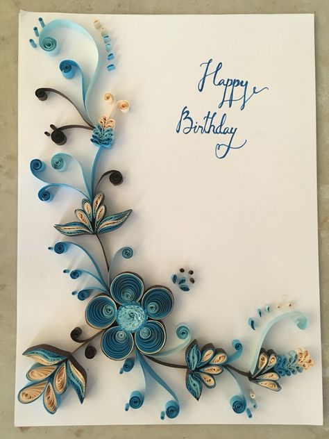 Paper Quilling Designs For Birthday Card, Paper Quilled Birthday Cards, Quill Cards Ideas, Quilling Ideas For Birthday Cards, Birthday Card Quiling, Quilling Happy Birthday Card, Birthday Quilling Ideas, Quilled Birthday Cards Ideas, Birthday Quilling Cards Ideas