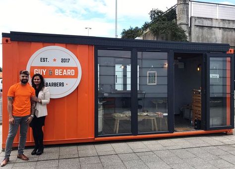 Savvy entrepreneur couple open up their own barber shop...in a converted shipping container - Glasgow Live Shipping Container Barber Shop, Container Barbershop Design, Shipping Container Hair Salon, Shipping Container Salon Ideas, Container Hair Salon, Container Salon Ideas, Shipping Container Salon, Container Barbershop, Small Barber Shop Ideas