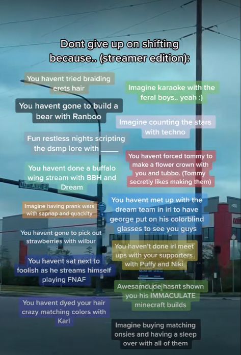 Streamer Reality Shifting, Twd Shifting Script Ideas, Streamer Dr Scenarios, Youtuber Dr Shifting, Streamer Dr Script, Dsmp Shifting, Dr Inspiration, Shifting Motivation, Script Ideas