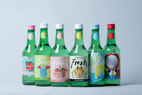 Soda Bottle Label Design, Soju Packaging, Soda Bottle Design, Korean Packaging Design, Korean Soju, Product Branding, Bottle Label Design, Typography Branding, Graphic Design Packaging