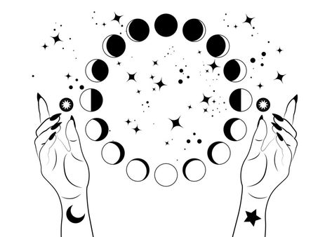 Mystical moon phases and woman hands, Triple moon pagan Wiccan goddess symbol, alchemy esoteric magic space, sacred wheel lunar cycle, vector isolated on white background Moon Phases Sketch, Moon Cycle Drawing, Lunar Cycle Art, Moon Portal, Wiccan Goddess, Goddess Symbol, Hipster Tattoo, Moon Phases Tattoo, Goddess Symbols