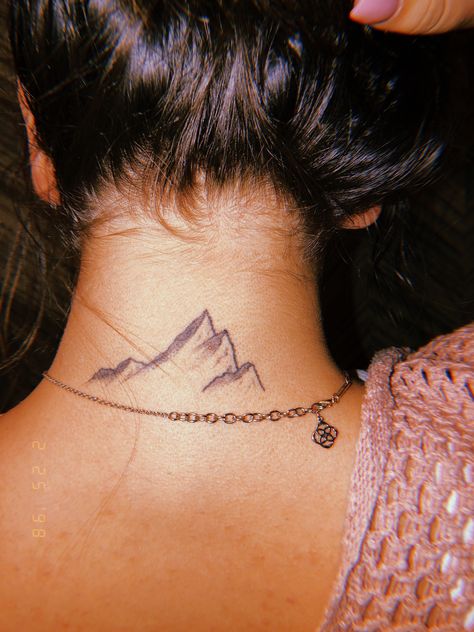 mountain tattoo on my neck Mountain Tattoo Neck, Mountain Neck Tattoo, Tattoo Berge, Minimalist Tatoos, Behind The Neck Tattoos, Wing Neck Tattoo, Wolf Paw Tattoos, Berg Tattoo, Mountain Tattoos