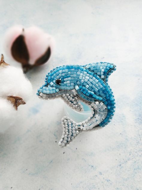 Beaded dolphin brooch blue pin embroidered fish jewelry dolphin pin gift for her animal jewelry Realism Embroidery, Beaded Dolphin, Dolphin Embroidery, Elephant Garland, Embroidered Fish, Ith Machine Embroidery, Hyper Fixation, Birds Embroidery Designs, Fish Beads