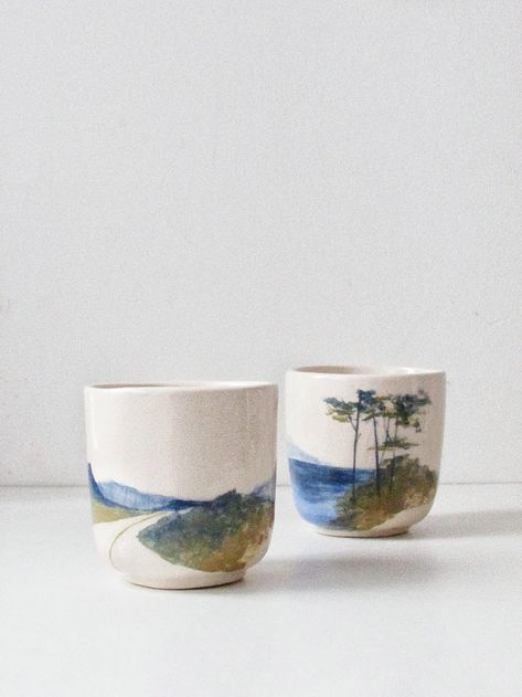 Pottery Painting Ideas Landscape, Pottery Painting Landscape, Slip Painting Ceramics, Landscape Mug, Pottery Landscape, Peters Pottery, Landscape Ceramics, Landscape Pottery, Clay Doh