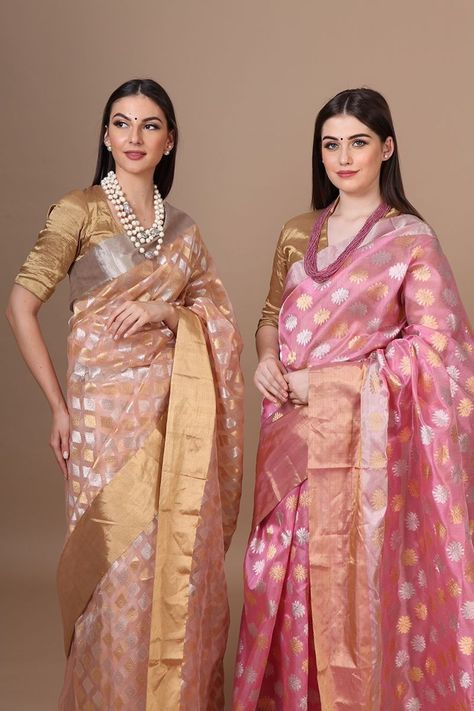 Chanderi Katan Silk Sarees, Chanderi Saree Blouse Design, Designer Chanderi Saree, Saree Thoughts, Pure Organza Silk Sarees, Pink Saree Silk, Pure Banarasi Silk Sarees, Pink Silk Saree, Designer Silk Saree