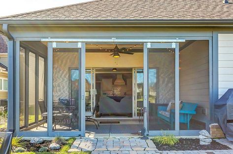 Enclosed patio design with sliding doors and screened walls Porch Sliding Doors, Enclosed Patio Ideas, Screened In Porch Diy, Patio Kits, Patio Remodel, Screened Porch Designs, Sliding Screen Doors, Patio Enclosures, Enclosed Patio