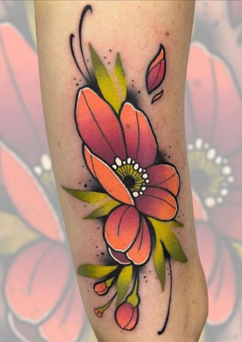 Neotraditional Japanese Tattoo Design, New School Flower Tattoo Design, Color Flash Tattoo Designs, Lotus Neotraditional Tattoo, Neo Trad Flower Tattoo Design, Neotraditional Flowers Tattoo, Small Neotraditional Tattoo Design, Neo Traditional Tattoos Color, Small Colour Tattoo Designs