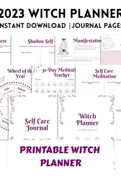 45 page witch planner that cover your daily planning, journaling, mystical/spiritual planning, manifesting, and reflections. The main color is plum, which gives a rich and elegant touch to the planner and it will help you to keep your focus and stay in harmony with your inner self. Download now and start planning your witchy journey. Witchy Planner Printables, Celtic Tree Calendar, Witch Planner, Witchy Planner, Expressing Emotions, Undated Daily Planner, Daily Planning, Daily Page, Inner Self