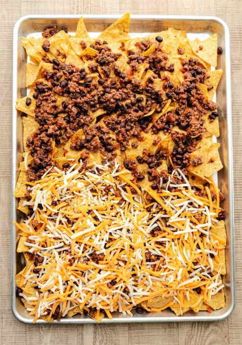 Sheet Pan Nachos - Cook Dinner Tonight Nachos Oven Baked, Nachos Recipe Sheet Pan, Nacho Sheet Pan Dinner, Easy Oven Nachos, Pan Nachos Sheet, Sheetpan Nachos Ground Beef, Oven Nachos Ground Beef, Baked Nachos Recipe Beef, Homemade Nachos Recipe