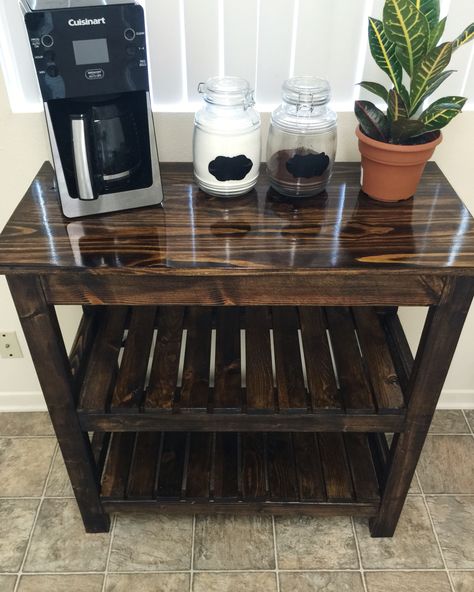 Another coffee bar! Dark walnut stain Diy Pallet Coffee Bar, Pallet Coffee Bar, Diy Coffee Bar, Dark Walnut Stain, Diy Coffee, Walnut Stain, Diy Pallet, Dark Walnut, Pallet Diy