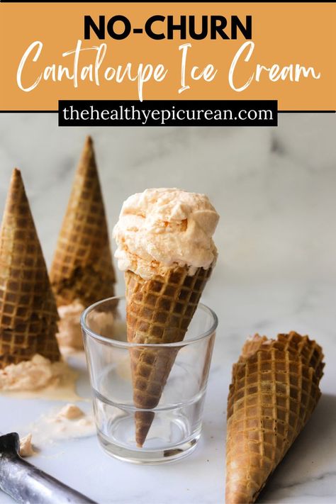 An ice cream cone filled with cantaloupe ice cream with cones upside down and laying flat in the backdrop. Cantaloupe Ice Cream, Blender Ice Cream, Sweet Condensed Milk, Ice Lollies, Ice Cream Maker Recipes, Ice Cream Mixture, Ice Cream Pops, No Churn Ice Cream, Refreshing Desserts