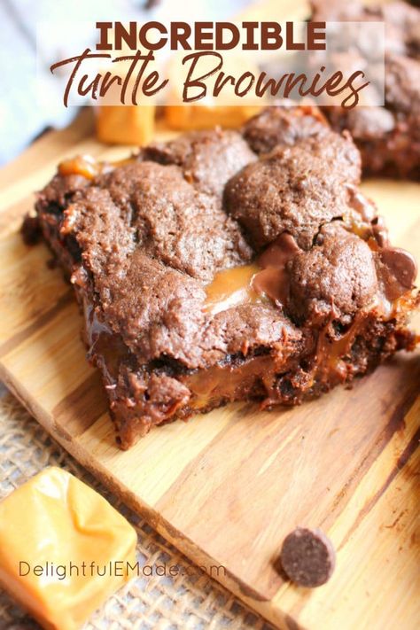 Recipes Using Brownie Mix Boxes, Turtle Brownies Recipe, Caramel Pecan Brownies, Turtle Bars Recipe, Pecan Brownies Recipe, Turtle Brownie, Boxed Brownie Recipes, Funfetti Cake Mix Cookies, Caramel Brownies Recipe