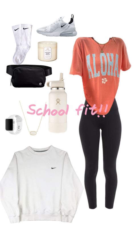 Pink Malibu shirt with black leggings, hydro flask,candle,Apple Watch, nike socks,nike shoes,lululemon phanypack,Kendra Scott necklace Fit For School, Outfit For School, Preppy Outfit, Womens Dress, Back To School Outfits, School Outfits, Middle School, Back To School, Outfit Ideas