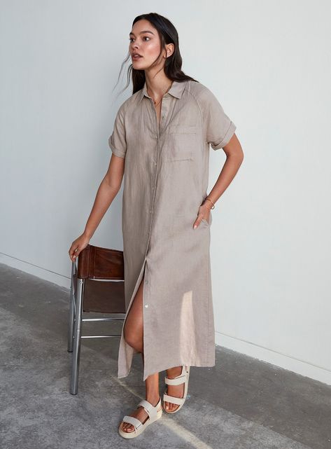 Organic linen maxi shirtdress | Contemporaine | Long Dresses & Maxi Dresses For Women | Simons Floral Summer Dresses, Linen Summer Outfits, Casual Long Dresses, Long Jersey Dress, Summer Dresses Long, Jersey Dresses, Linen Shirt Dress, Long Dress Casual, Dusky Pink