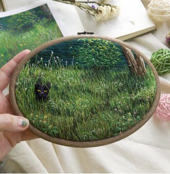 Cat Hiding, Green Field, Contemporary Embroidery, Elegant Beauty, Hand Embroidery Projects, Creative Embroidery, Cute Embroidery, 자수 디자인, Sewing Embroidery Designs