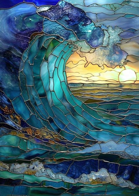 Ocean Stained Glass Patterns, Stained Glass Water, Stained Glass Wave, Stained Glass Waves, Stainglass Ideas, Ocean Mosaic, Ocean Stained Glass Window, Ocean Sunset Stained Glass Pattern, Stained Glass Ocean Waves