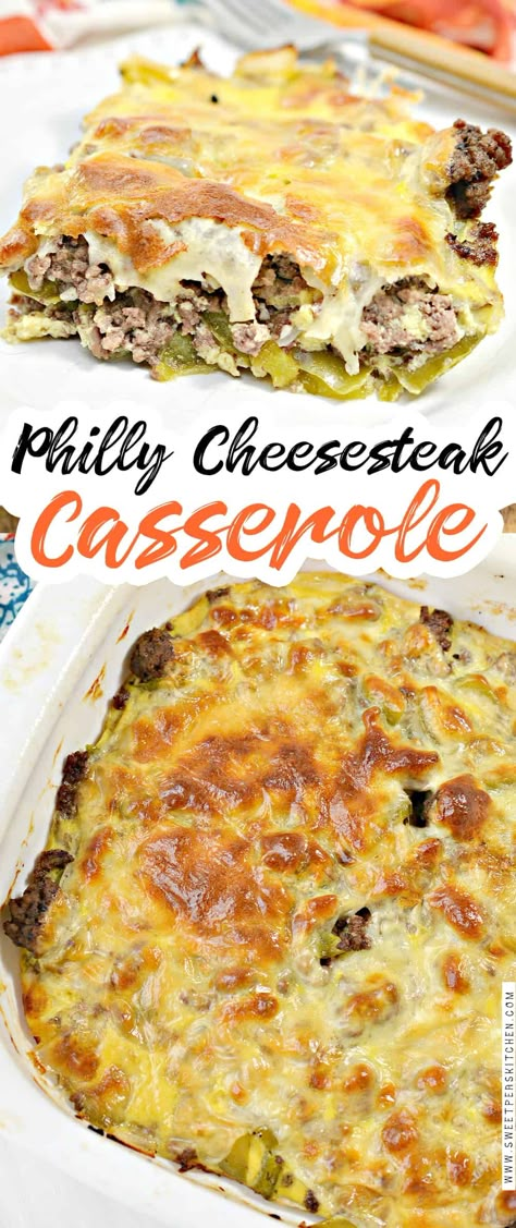 Philly Cheese Casserole, Philly Cheesesteak Cobbler, Philly Cheesecake Casserole, Hamburg Recipes, Sweet Peas Kitchen Recipes, Philly Cheese Steak Casserole Keto, Philly Casserole Cheesesteak, Philly Cheesesteak Casserole With Steak, Keto Philly Cheesesteak Casserole With Hamburger