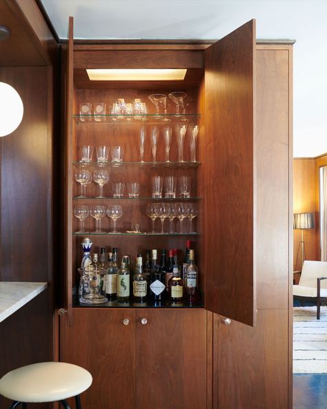 Small Built In Bar, Walnut Paneling, Mid Century Apartment, Mid Century Contemporary, Mid Century Modern Interior Design, Edward Wormley, Built In Bar, Apartment Tour, Mid Century Modern Interiors