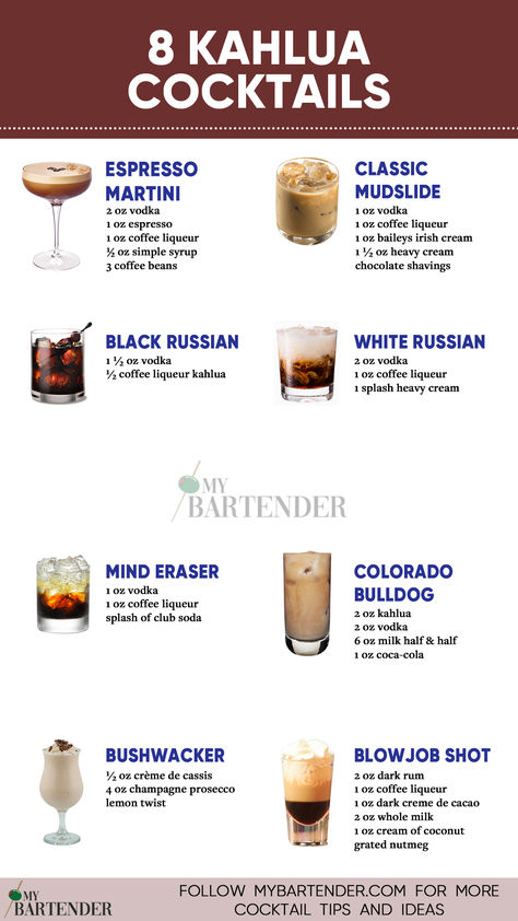 Kahlua Cocktails Cocktails With Half And Half, Desert Cocktail Recipes, Coffee Liqueur Cocktails, Blended Alcoholic Drinks, Coffee Alcoholic Drink, Kaluah Recipes Cocktails, Coffee Liquor Drinks, Basic Bar Drinks, Kahlua Cocktails