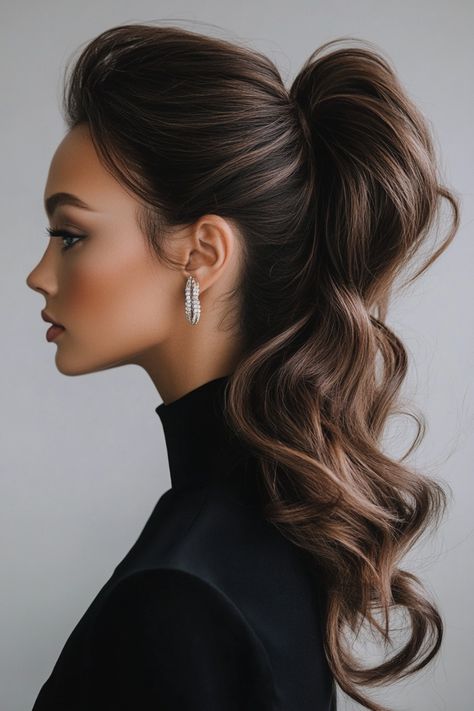 Discover the perfect ponytail hairstyles for any event, whether it's a casual outing or a special occasion like a wedding. From chic styles with bangs to intricate braided looks, there's a ponytail to suit every preference. Explore various styling options to effortlessly enhance your outfit and mood - from relaxed low ponies to sophisticated braids that add an elegant touch of glamour to your ensemble. Big Low Ponytail, Ponytail Event Hair, Loose High Ponytail Hairstyles, Hairstyle Tail Elegant, Brunette Bridesmaid Ponytail, Updo For Party, Soft Ponytail Hairstyles Wedding, Party Hairstyles Ponytail, Classy High Ponytail Hairstyles