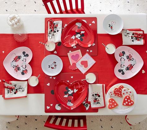 Disney+Valentines+Collection+from+Pottery+Barn Valentines Day Pottery, Mickey Mouse Valentines, Disney Valentines Day, Mickey Mouse Nursery, Mickey Drawing, Valentine Table Runner, Disney Valentines, Pb Kids, Mickey Y Minnie