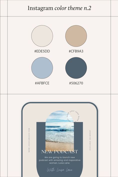 Instagram Color Theme Inspiration Color Pallet Instagram Feed, White And Blue Colour Palette, Beige And Blue Palette, Blue Tan White Color Palette, Neutral Color Palette With Blue, Instagram Color Palette Theme, Color Palette Instagram Feed, Color Palette For Instagram Feed, Blue Beige Color Palette