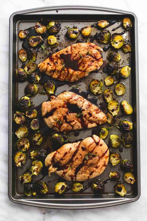 Dinner With Brussel Sprouts, Brussels Sprouts Dinner, Sheet Pan Balsamic Chicken, Chicken Brussels Sprouts, Pan Chicken Breast, Chicken Brussel Sprouts, Balsamic Chicken Breast, Balsamic Chicken Thighs, Healthy Sheet Pan