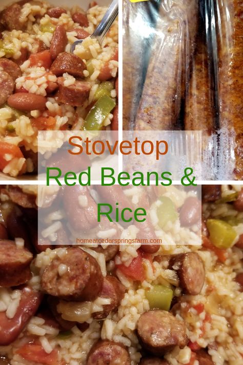 Need a One Pot meal to feed a crowd in less than an hour? Smoked sausage, onions, bell pepper, celery, garlic, diced tomatoes, kidney beans, and rice will undoubtedly please anyone! Stovetop Red Beans & Rice is cooked in one pot and will make dinner a breeze. #redbeansandrice #onepotmeals #dinnerideas #quickmeals #homeatcedarspringsfarm Stovetop Red Beans And Rice, Red Beans And Rice Recipe Easy Stove Top, Red Beans And Rice With Sausage, Red Kidney Beans And Rice, Red Beans And Sausage Recipe, Meal To Feed A Crowd, Easy Red Beans And Rice, Kidney Beans And Rice, Red Beans And Rice Recipe Easy