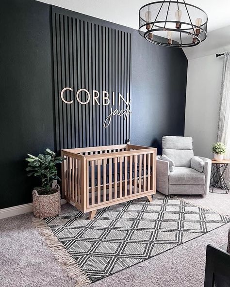 Dark Nursery, Nursery Accent Wall, Black Nursery, Baby Nursery Inspiration, Baby Room Neutral, Baby Room Themes, Baby Boy Room Decor, Baby Boy Room Nursery, Baby Room Inspiration