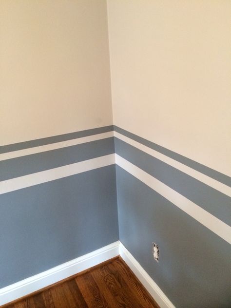 Geometric Wall Paint Two Colors, Blue Tape Wall Design, Bathroom Wall Design Paint, Accent Stripe On Wall, Accent Wall Design Ideas Bedrooms, Paint Halfway Up Wall, Wall Painting With Tape Design, Wall Stripes Paint Ideas, Blue Wall Painting Ideas