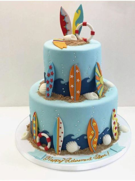 Kapp Cake Surfer Cake, Kids Birthday Food, Surf Cake, Beach Themed Cakes, Ocean Cakes, Retirement Cake, Cupcakes For Boys, Beach Cakes, Summer Baking