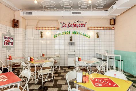 Tacombi | Aerial Design Authentic Mexican Tacos, Fort Greene Brooklyn, West Village Apartment, Open Kitchen Layouts, Taco Shop, Office Renovation, Order Food Online, Exposed Concrete, Hospitality Projects