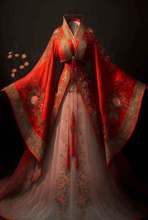 Fire Kimono Design, Japanese Royal Kimono, Godlike Outfits, Japanese Fantasy Clothes, Japanese Gown, Kimono Chinese, Japanese Wedding Dress, Empress Dress, New Fashion Dress