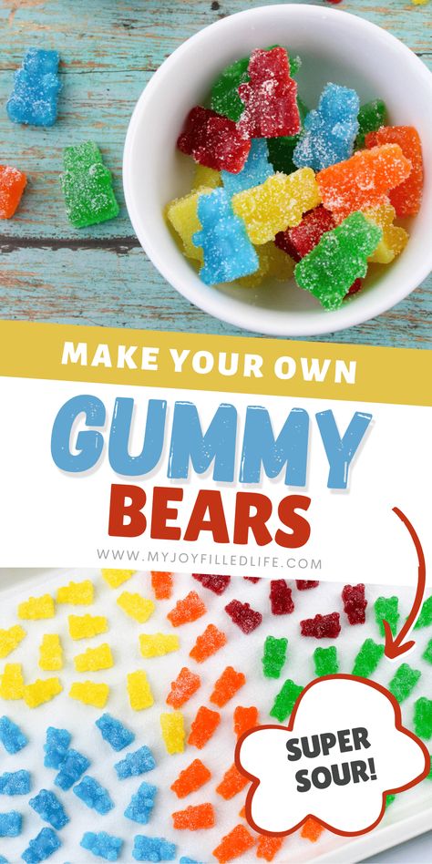 Discover the joy of making your own gummy bears at home! Customize flavors, colors, and ingredients for a healthier, delicious treat. Perfect for a fun kitchen activity with kids or satisfying your sweet tooth with a nostalgic twist. Follow our step-by-step guide. Diy Gummy Bears, Make Gummy Bears, Gummy Bears Recipe, Making Gummy Bears, Sour Gummy Bears, Homemade Gummy Bears, Homemade Gummies, Gummies Recipe, Bear Recipes