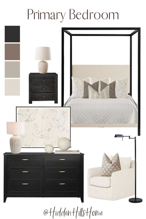 Primary Bedroom Design Board Bedroom Black Canopy Bed, Neutral Canopy Bedroom, Room Decor Black Bed, Bedroom Black And Neutral, Light Bedroom With Black Furniture, Cream Bedroom With Black Accents, Grey Bedroom Black Accents, Black Cream Bed, Black Ivory And Gray Bedroom