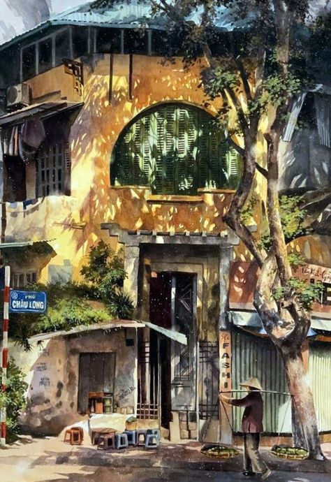 The nostagic beauty of Hanoi streets in sketches Architecture Perspective, Ancient Vietnam, Beautiful Vietnam, Oil Painting Background, Vietnam Art, Water Aesthetic, Watercolor Tips, Female Art Painting, Urban Sketchers