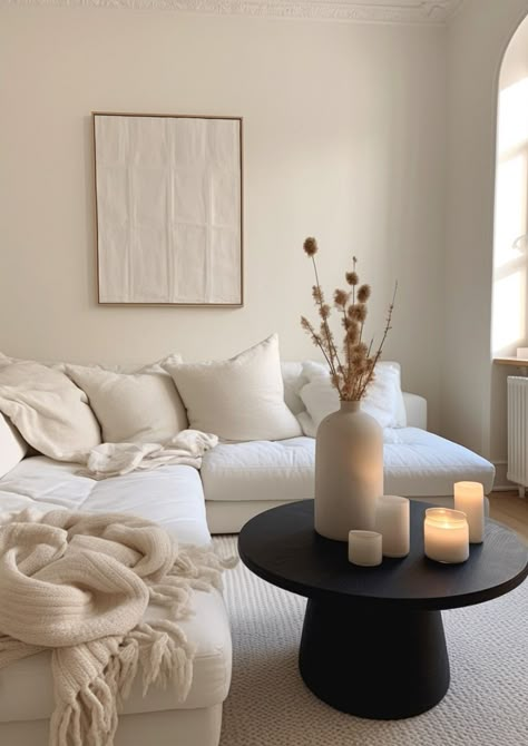 Home Inspo White Black Neutral Living Room, Cozy Aesthetic Living Room Ideas, Neutral Living Room White Couch, White Apartment Aesthetic Living Room, Black And Beige Aesthetic Living Room, Black And Cream Living Room Ideas, Beige Apartment Aesthetic, White Cozy Living Room, Earth Tone Living Room Decor Cozy